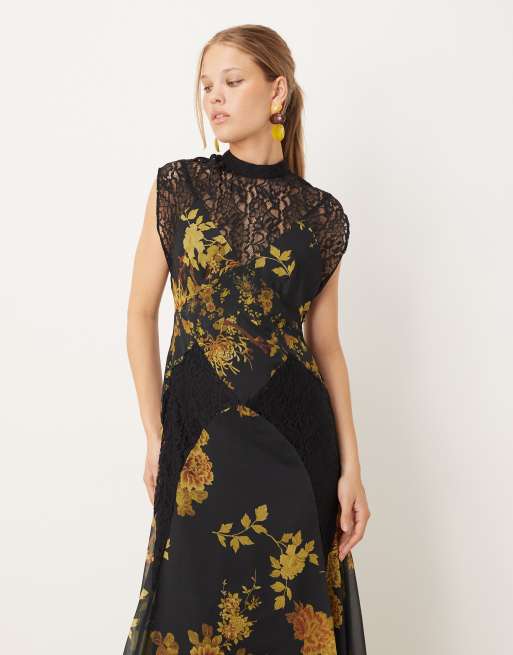 ASOS DESIGN – Gulblommig midiklänning med hög krage, dekorativ söm och spetsdetalj, 2 av 4