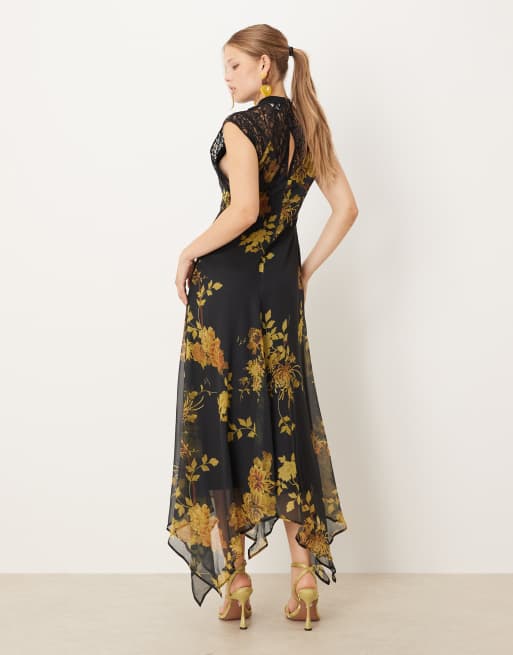 ASOS DESIGN – Gulblommig midiklänning med hög krage, dekorativ söm och spetsdetalj, 4 av 4