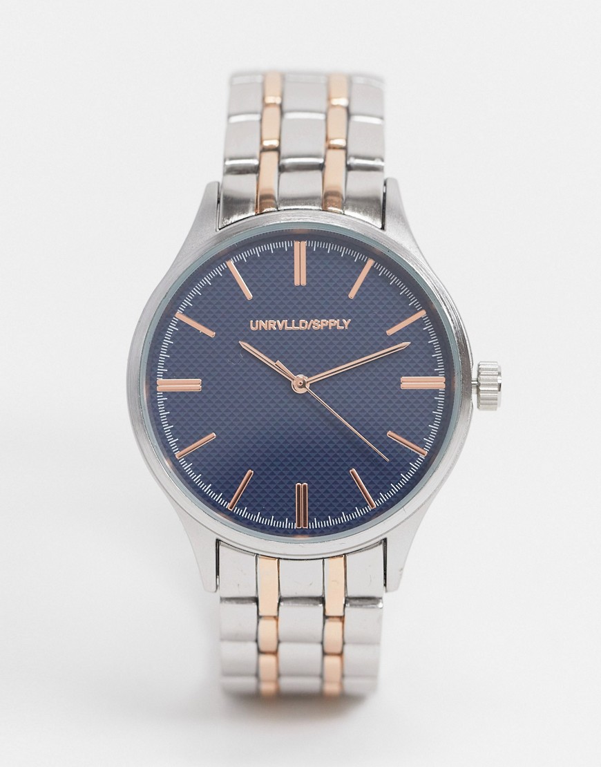 ASOS DESIGN - Guld- og sølvfarvet armbåndsur med blå urskive-Multifarvet