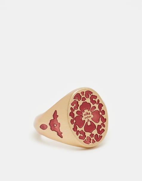 ASOS DESIGN – Guldfärgad, graverad ring med emaljerad hibiskusdesign - view 1