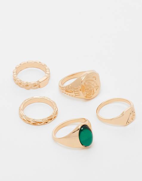 ASOS DESIGN – Guldfärgad klackring med grön sten, 5-pack - view 1