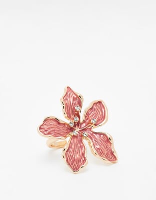 ASOS DESIGN – Guldfärgad och rosa ring med blomdesign - view 1