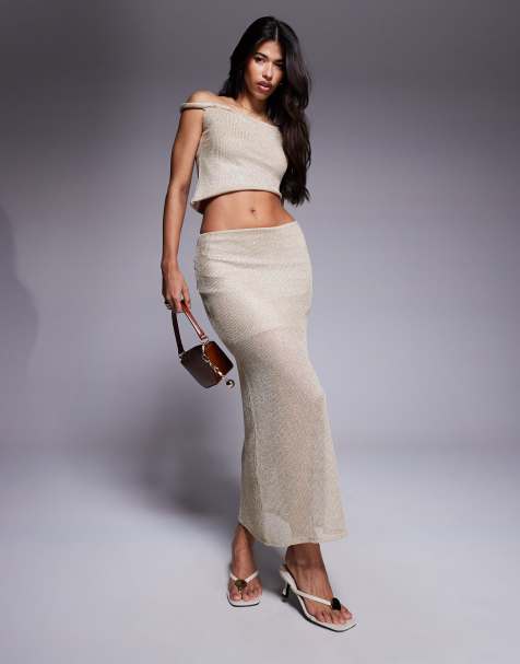ASOS DESIGN – Guldfärgad, stickad maxikjol, del av set - view 1