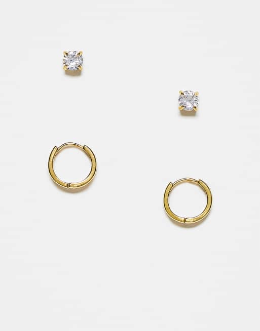 ASOS DESIGN – Guldfärgade creoler och stiftörhängen i rostfritt stål med stenar, 2-pack