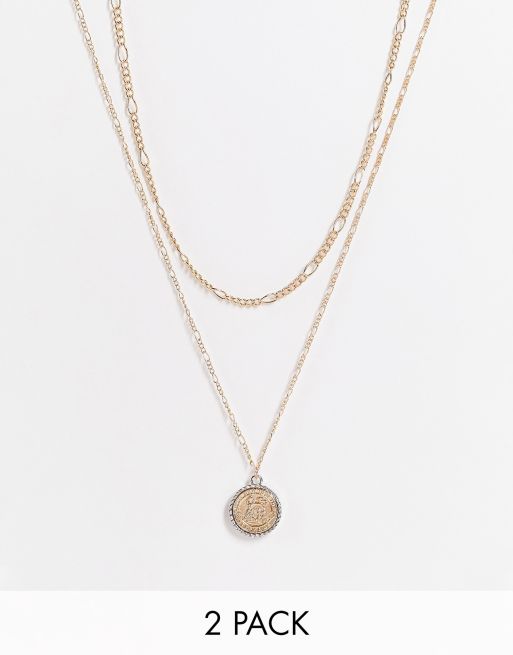 ASOS DESIGN – Guldfärgade halsband i lager med mynthänge, 2-pack