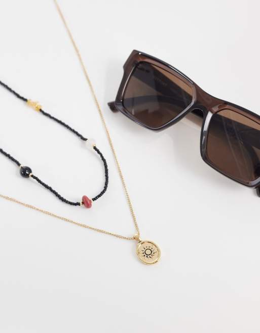 ASOS DESIGN – Guldfärgade halsband med pärlor, halvädelstenar och solmynt, 2-pack, 2 av 4