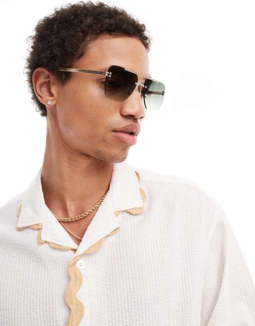 ASOS DESIGN – Guldfärgade pilotsolglasögon utan bågar med strukturerad metall, 3 av 4