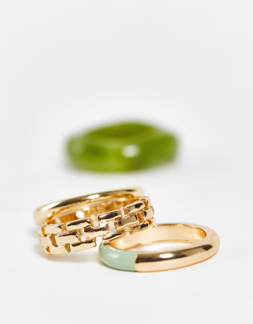 ASOS DESIGN – Guldfärgade ringar i med olika grön plast, 4-pack, 3 av 4