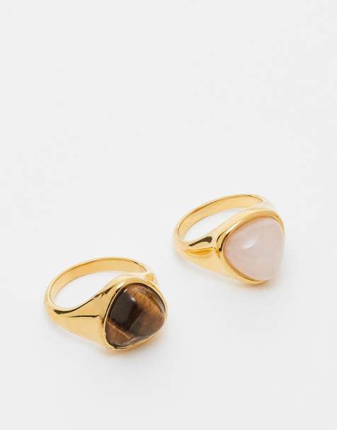 ASOS DESIGN – Guldfärgade ringar i rostfritt stål med äkta halvädelstenar, 2-pack - view 1