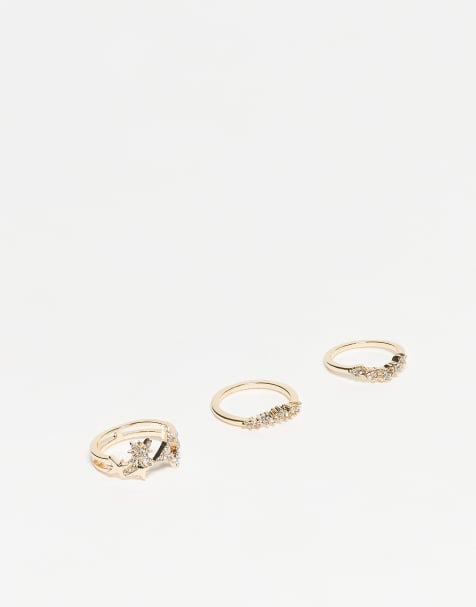 ASOS DESIGN – Guldfärgade ringar med glittrigt stjärnstrass i 3-pack - view 1