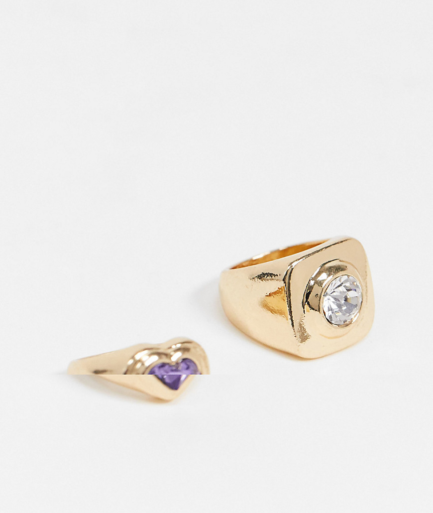 ASOS DESIGN – Guldfärgade ringar med grova kristallstenar i 2-pack