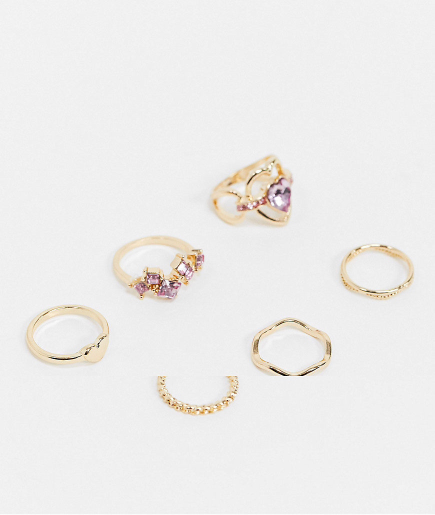 ASOS DESIGN – Guldfärgade ringar med lila stenar i 6-pack