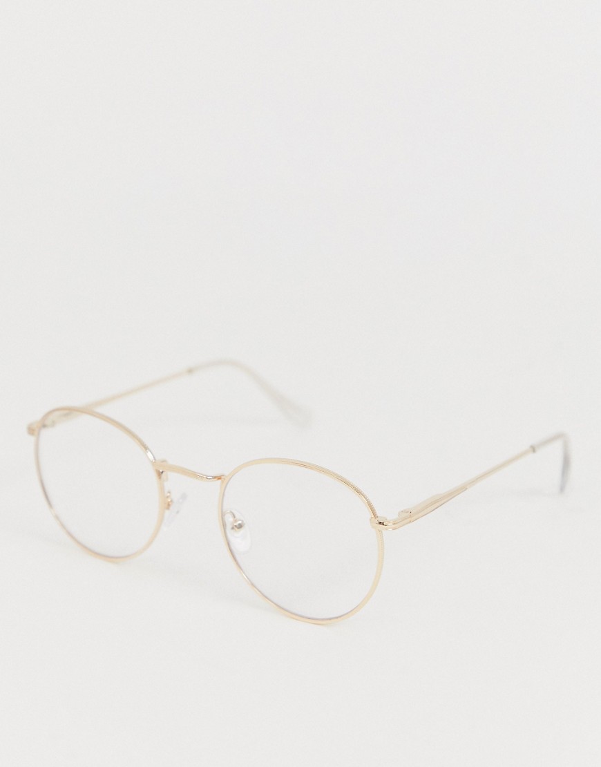 ASOS DESIGN – Guldfärgade, runda modeglasögon i metall med genomskinliga glas
