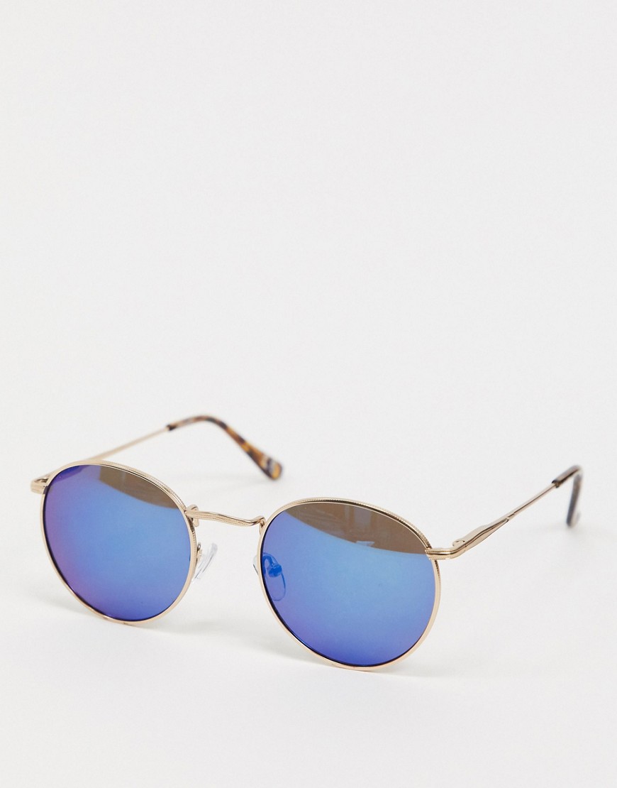 ASOS DESIGN – Guldfärgade runda solglasögon i metall med blå glas