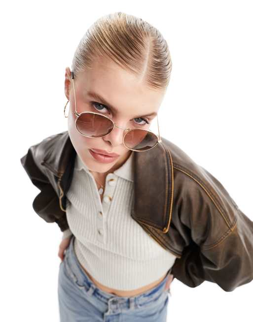 ASOS DESIGN – Guldfärgade runda solglasögon i metall med ljusbruna glas , 3 av 4