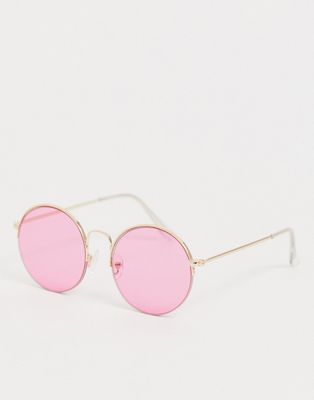 ASOS DESIGN – Guldfärgade runda solglasögon med halvbåge och rosa glas