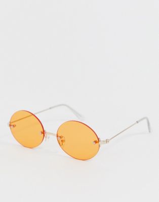 ASOS DESIGN – Guldfärgade solglasögon utan bågar med orange glas