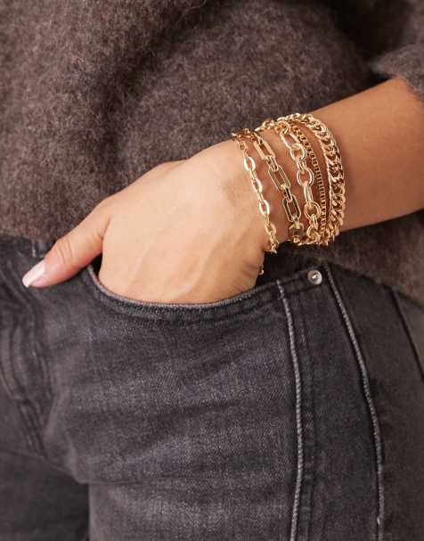 ASOS DESIGN – Guldfärgade, stapelbara armband med blandade kedjor, 5-pack - view 1