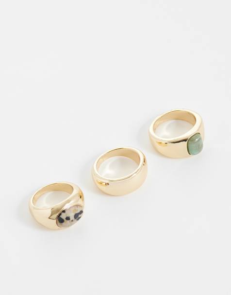 ASOS DESIGN – Guldfärgade stapelbara ringar med gröna och dalmatinerstenar, 3-pack - view 1
