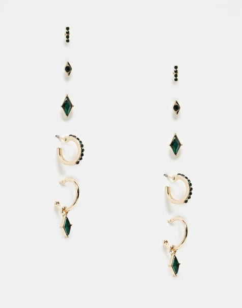 ASOS DESIGN – Guldfärgade stiftörhängen med gröna emaljdetaljer, 5-pack - view 1