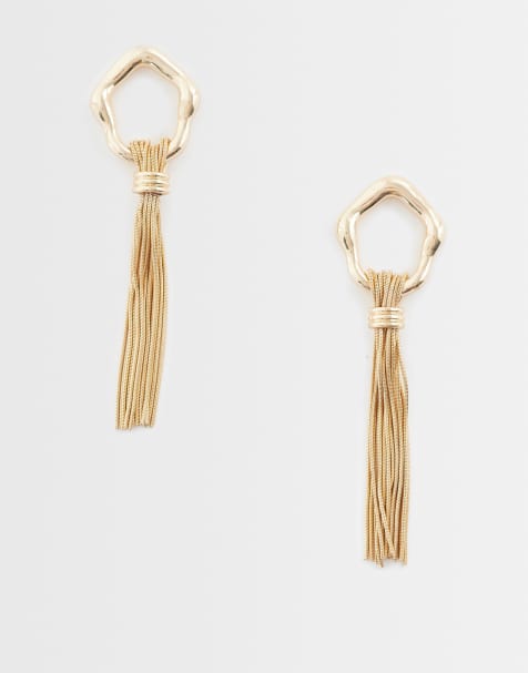 ASOS DESIGN – Guldfärgade stiftörhängen med smält design och tofsar - view 1