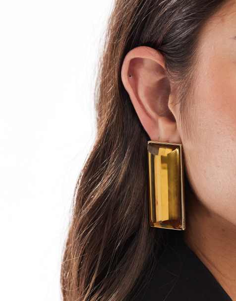 ASOS DESIGN – Guldfärgade, stora, rektangulära örhängen med bärnstensfärgade stenar - view 1