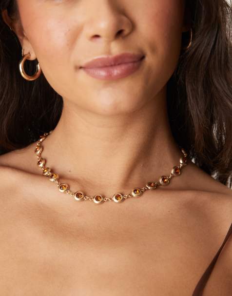 ASOS DESIGN – Guldfärgat, borstat halsband med bärnstensimitation - view 1