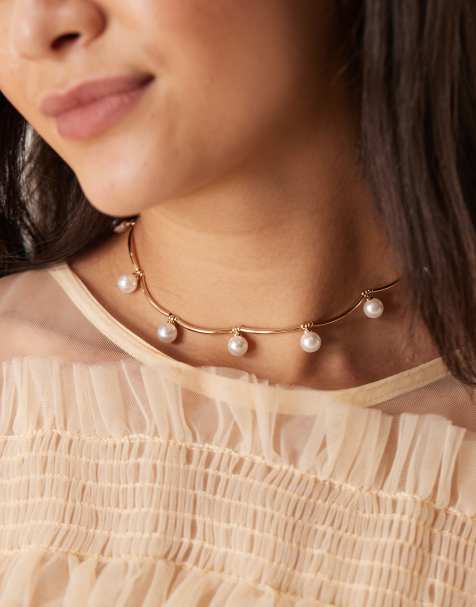 ASOS DESIGN – Guldfärgat choker-halsband med stavar och fuskpärlor - view 1
