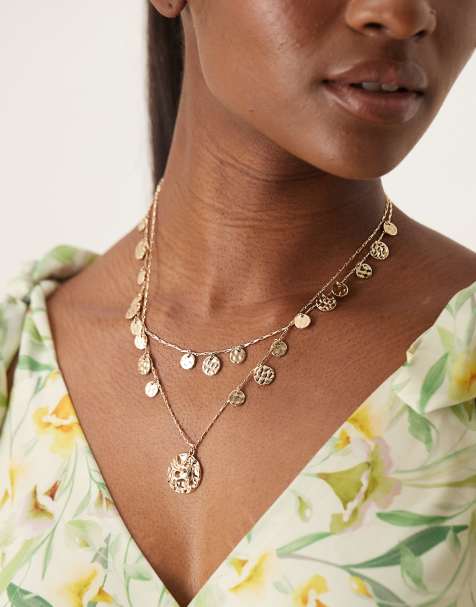ASOS DESIGN – Guldfärgat halsband i flera rader med strukturerade små mynt och mynthänge - view 1