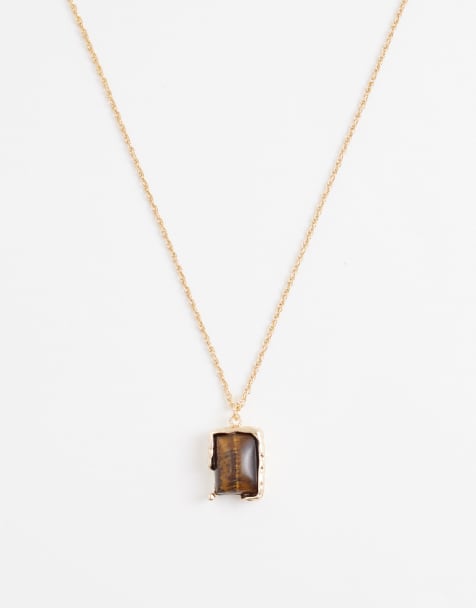 ASOS DESIGN – Guldfärgat halsband med äkta halvädelstenshänge med tigeröga - view 1