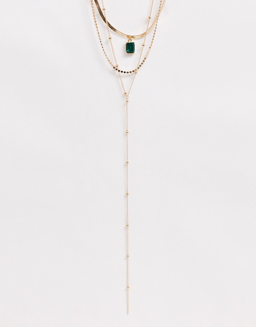 ASOS DESIGN – Guldfärgat halsband med flera rader och hängsmycke med sten