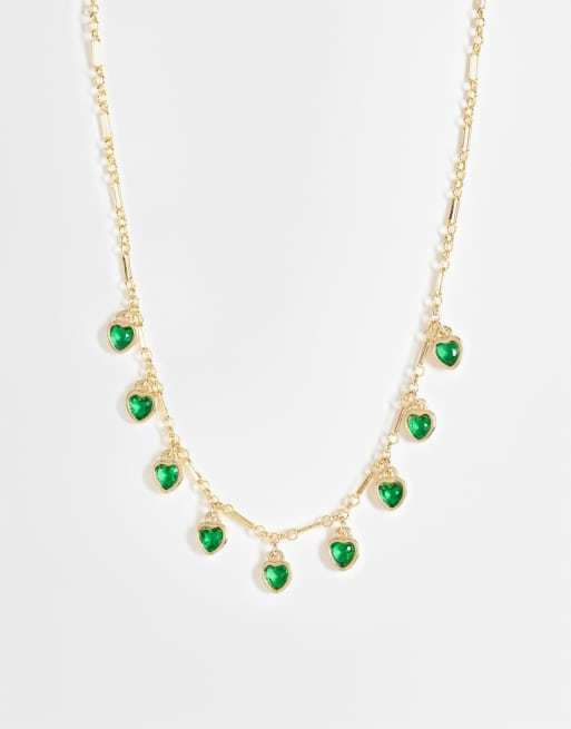 ASOS DESIGN – Guldfärgat halsband med kedja och gröna hjärtberlocker, 2 av 4