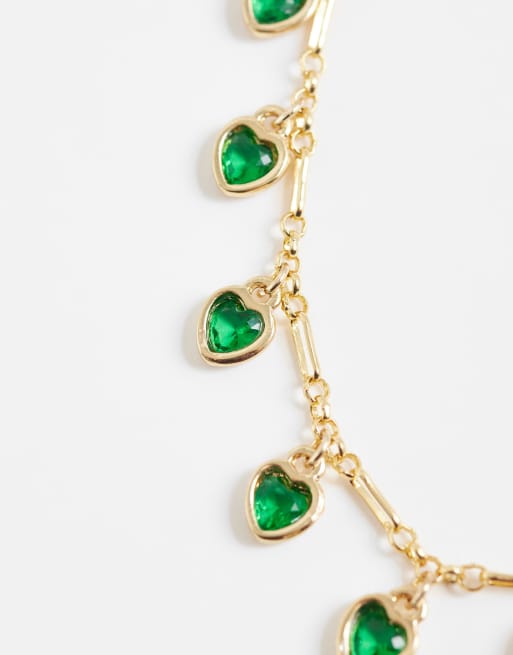 ASOS DESIGN – Guldfärgat halsband med kedja och gröna hjärtberlocker, 3 av 4