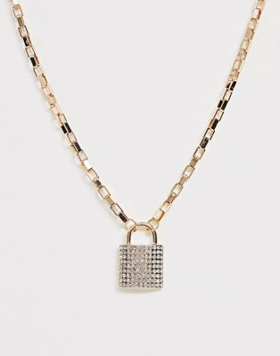 ASOS DESIGN – Guldfärgat halsband med metallkedja och hängsmycke med hänglås och sten