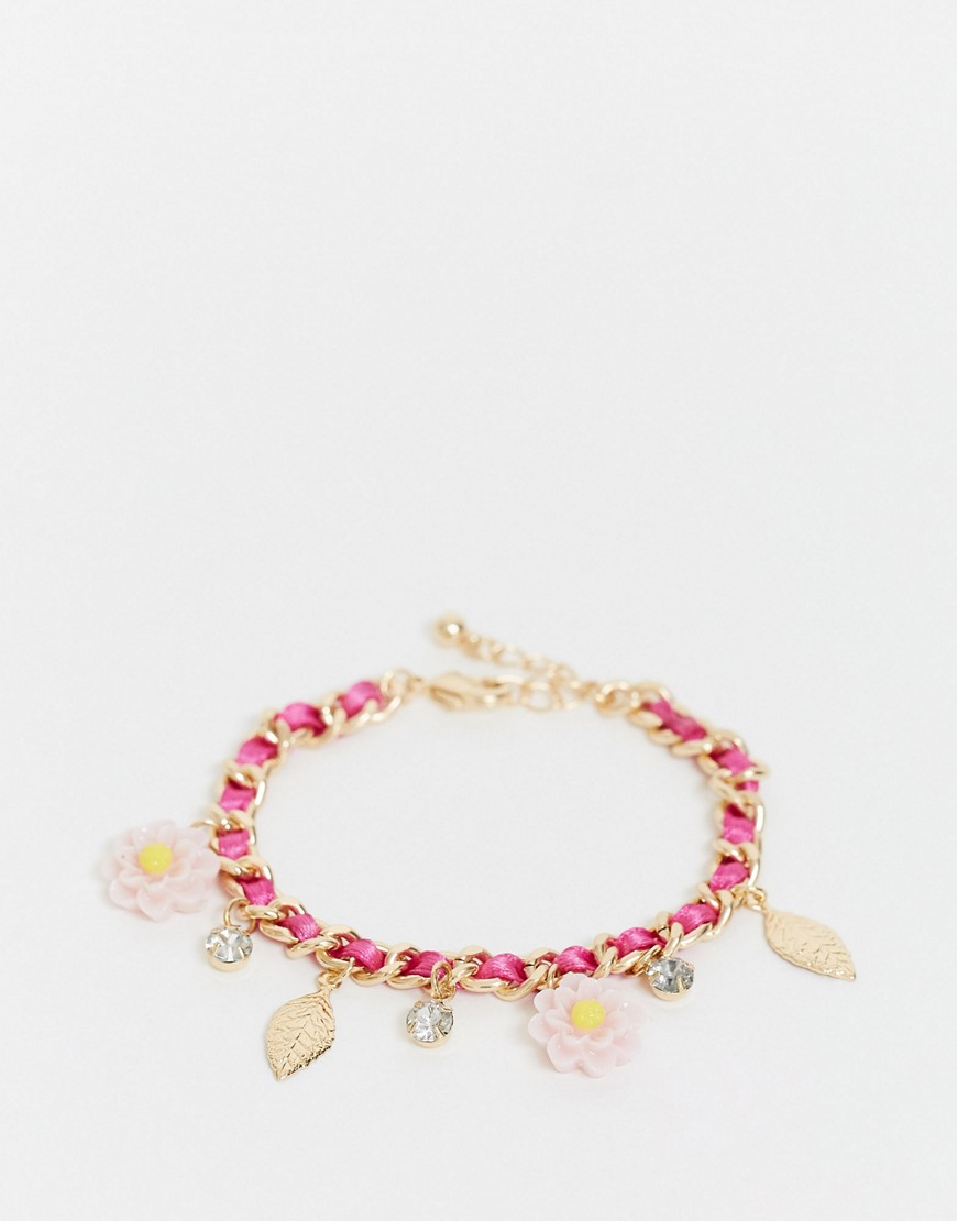 ASOS DESIGN – Guldfärgat kedjearmband med rosa blommor och blad