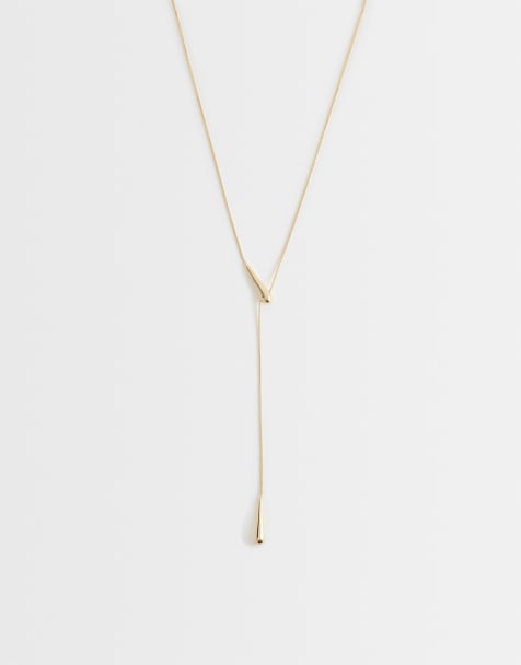 ASOS DESIGN – Guldfärgat, långt lariat-halsband med droppformat hänge - view 1
