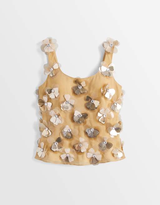 ASOS DESIGN – Guldfärgat linne med djup halsringning och 3D-blommor, 5 av 7