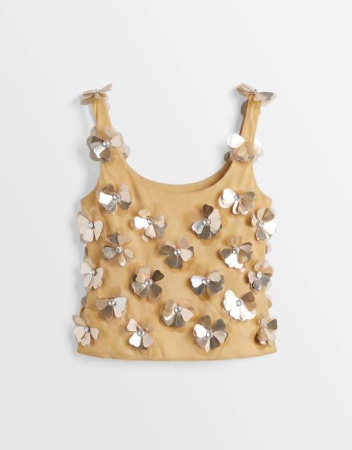 ASOS DESIGN – Guldfärgat linne med djup halsringning och 3D-blommor, 6 av 7