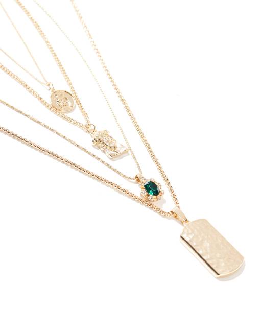 ASOS DESIGN – Guldfärgat set med halsband med ID-bricka och grönt kristallhänge, 5-pack, 2 av 4