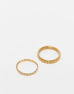 ASOS DESIGN - Guldfarvede og smalle ringe med indgraveret design i vandtæt rustfrit stål i pakke med 2 stk - view 1