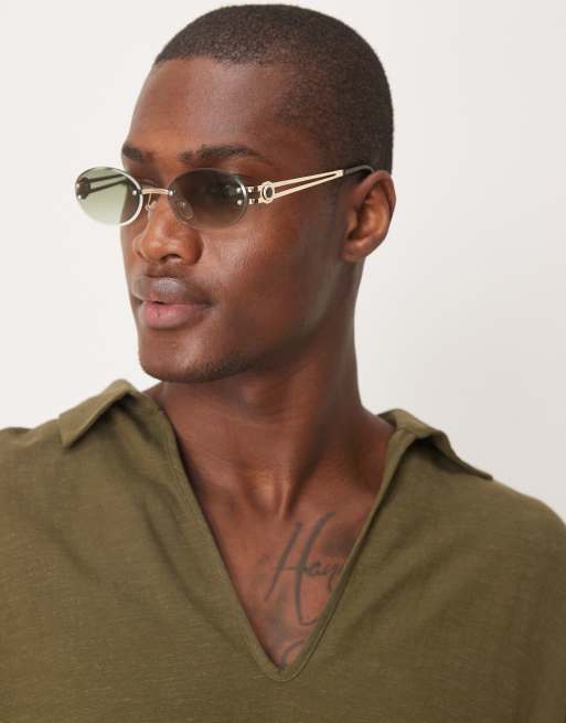 ASOS DESIGN - Guldfarvede og uindfattede solbriller med ovale khakigrønne glas