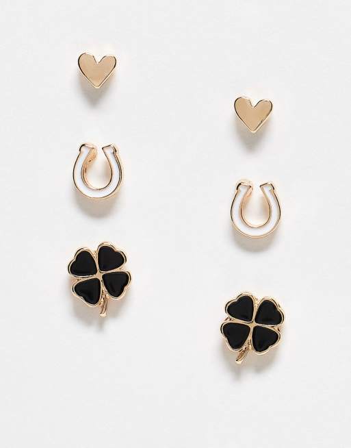 ASOS DESIGN - Guldfarvede ørestikker med enkelt blomsterdesign og sorte og hvide detaljer i pakke med 3 par