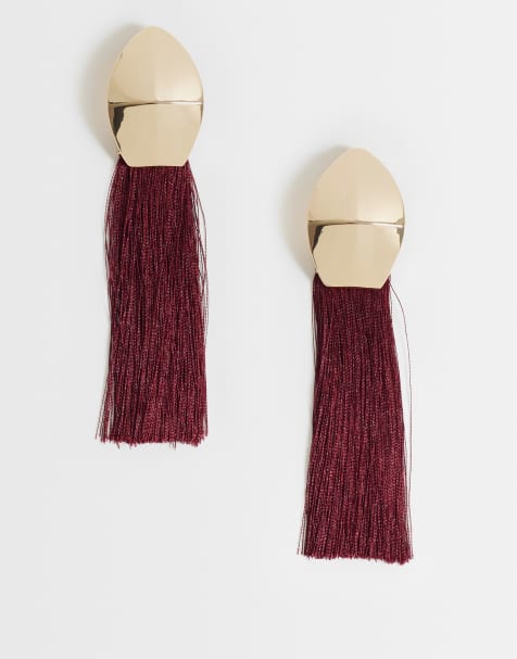 ASOS DESIGN - Guldfarvede ørestikker med mørke bordeaux kvaster - view 1