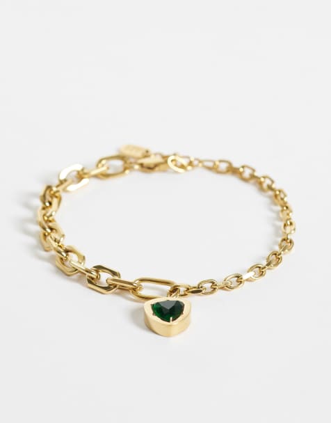 ASOS DESIGN - Guldfarvet armbånd med grønt stenvedhæng i vandfast rustfrit stål - view 1