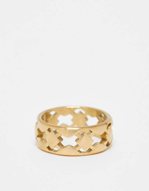 ASOS DESIGN - Guldfarvet båndring med udskåret design og børstet finish i vandfast, rustfrit stål
