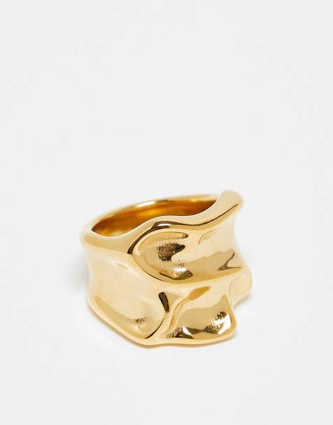 ASOS DESIGN - Guldfarvet bred båndring med smeltet metallook i vandtæt rustfrit stål - view 1