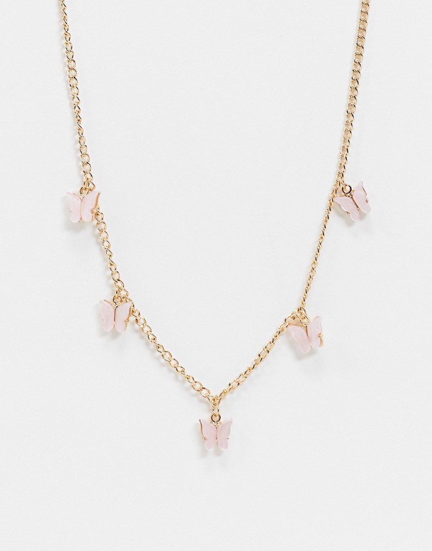 ASOS DESIGN - Guldfarvet choker-halskæde med pink sommerfugle-vedhæng