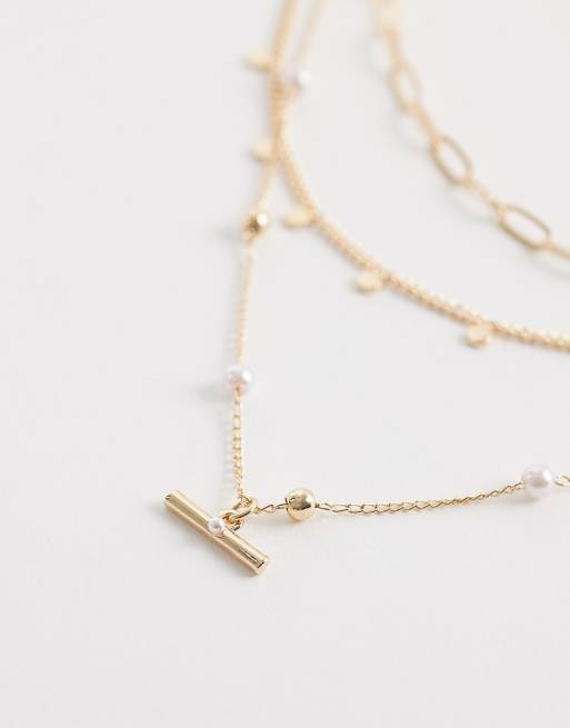 ASOS DESIGN - Guldfarvet halskæde, flere rækker og imiterede perler og T-stang, 2 af 3