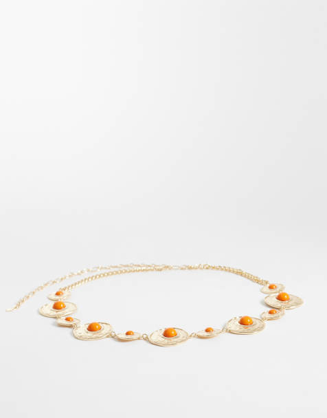 ASOS DESIGN - Guldfarvet hofte- og taljebælte med kædedesign og orange sten - view 1