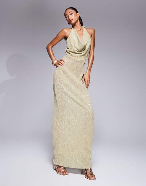ASOS DESIGN - Guldfarvet maxikjole med pailletter og vandfaldsudskæring samt krydsdetalje på ryggen - view 1